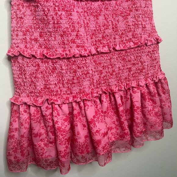 Square Neck Ruffle Bow Shoulder Tiered Slim Fit Smocked Short Mini Dress Pink M - Picture 6 of 10